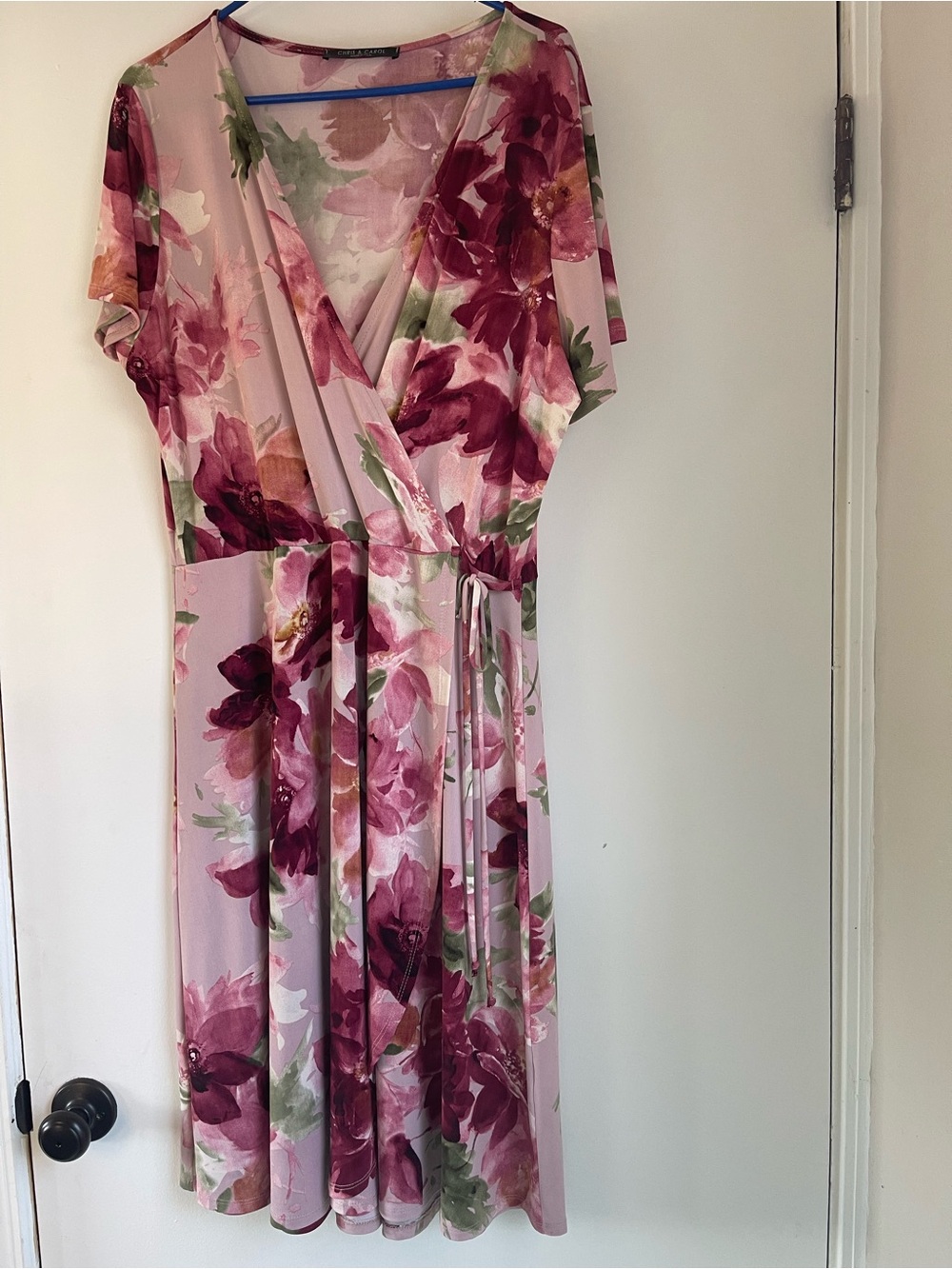 Chris & Carol Pink Floral Wrap Midi Dress with Burgundy Blooms